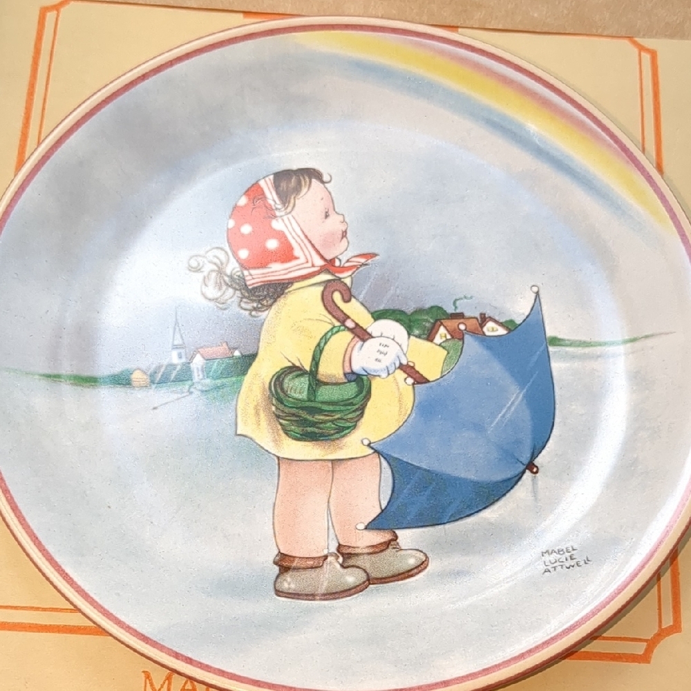 Vintage Child's Plate with Umbrella Design